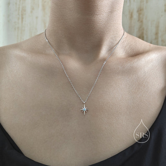 Tiny North Star Pendant Necklace in Sterling Silver with Blue Opal, Silver or Gold or Rose Gold, Starburst Necklace, Tiny Opal Star Necklace