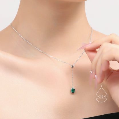 Delicate Emerald Green Oval CZ Lariat Pendant Necklace in Sterling Silver, Silver or Gold, Minimalist Oval Shape CZ Adjustable Necklace