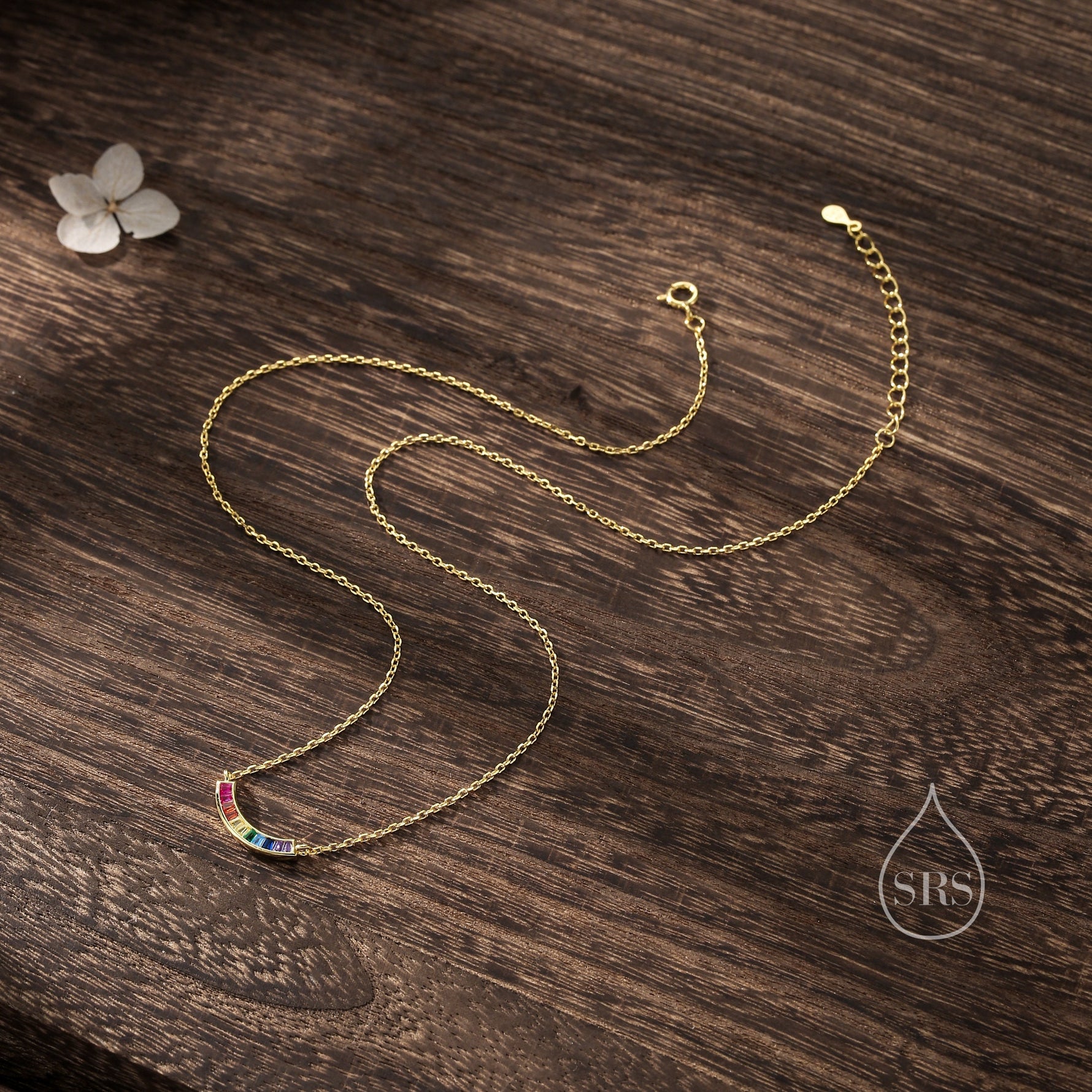 Rainbow CZ Pendant Necklace in Sterling Silver, Silver or Gold, Silver Rainbow CZ Curved Bar Necklace, Rainbow CZ Cluster Pendant