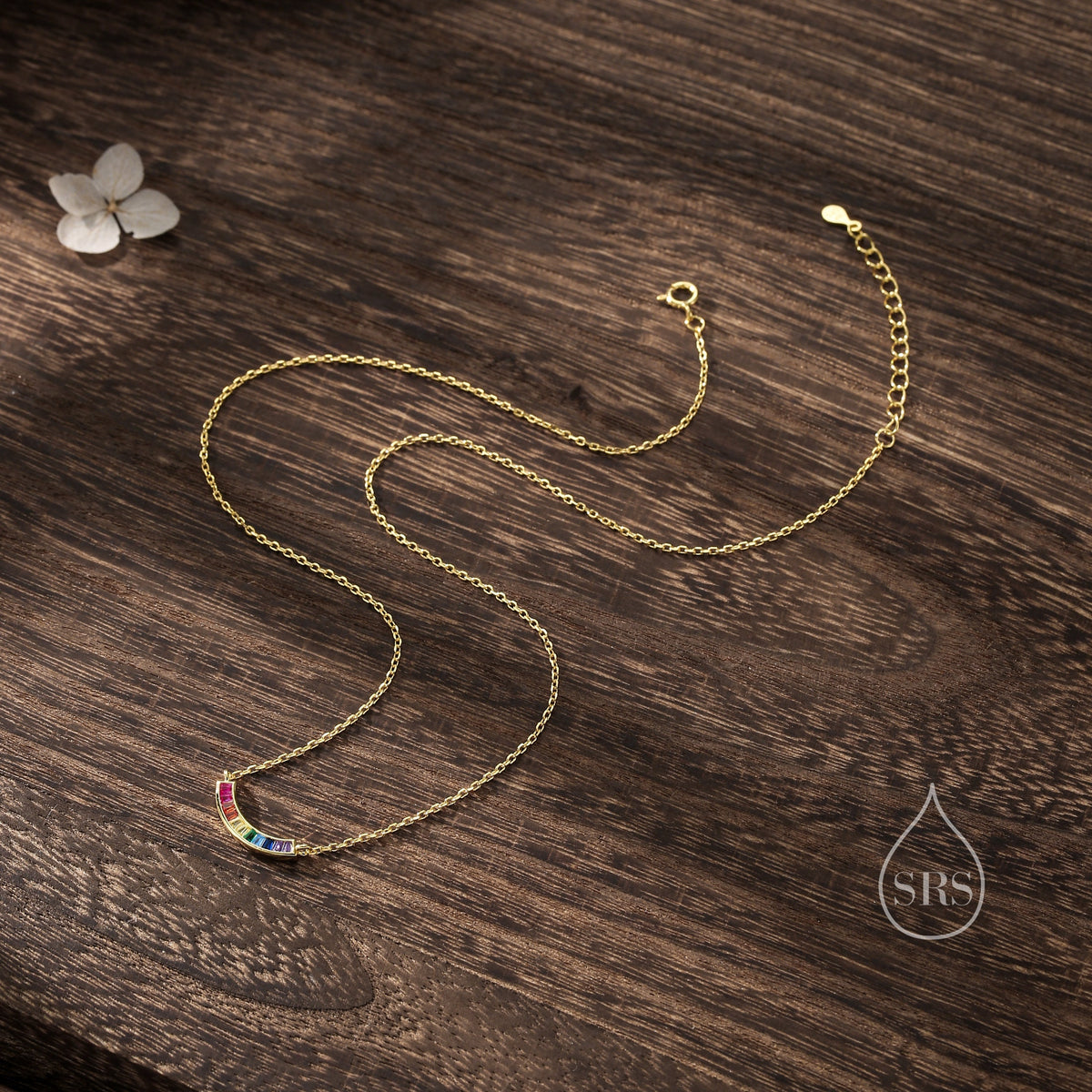 Rainbow CZ Curved Bar Necklace