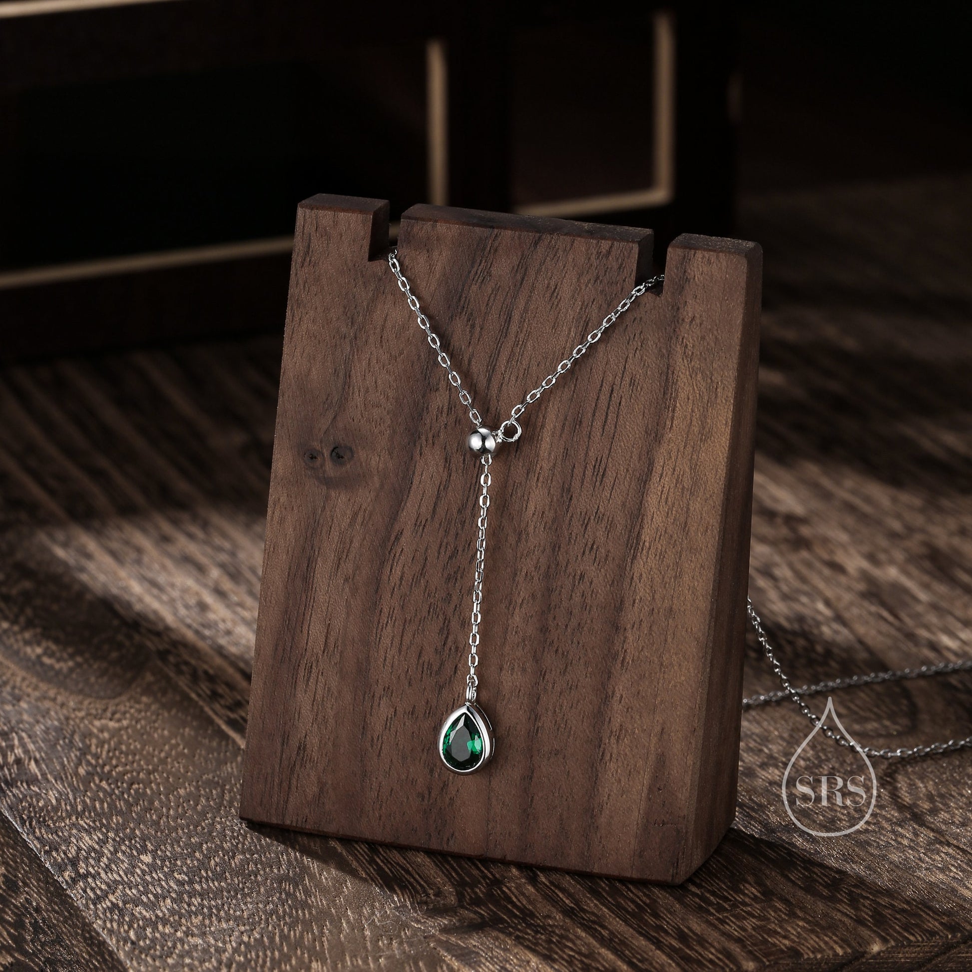 Delicate Droplet Emerald Green CZ Lariat Pendant Necklace in