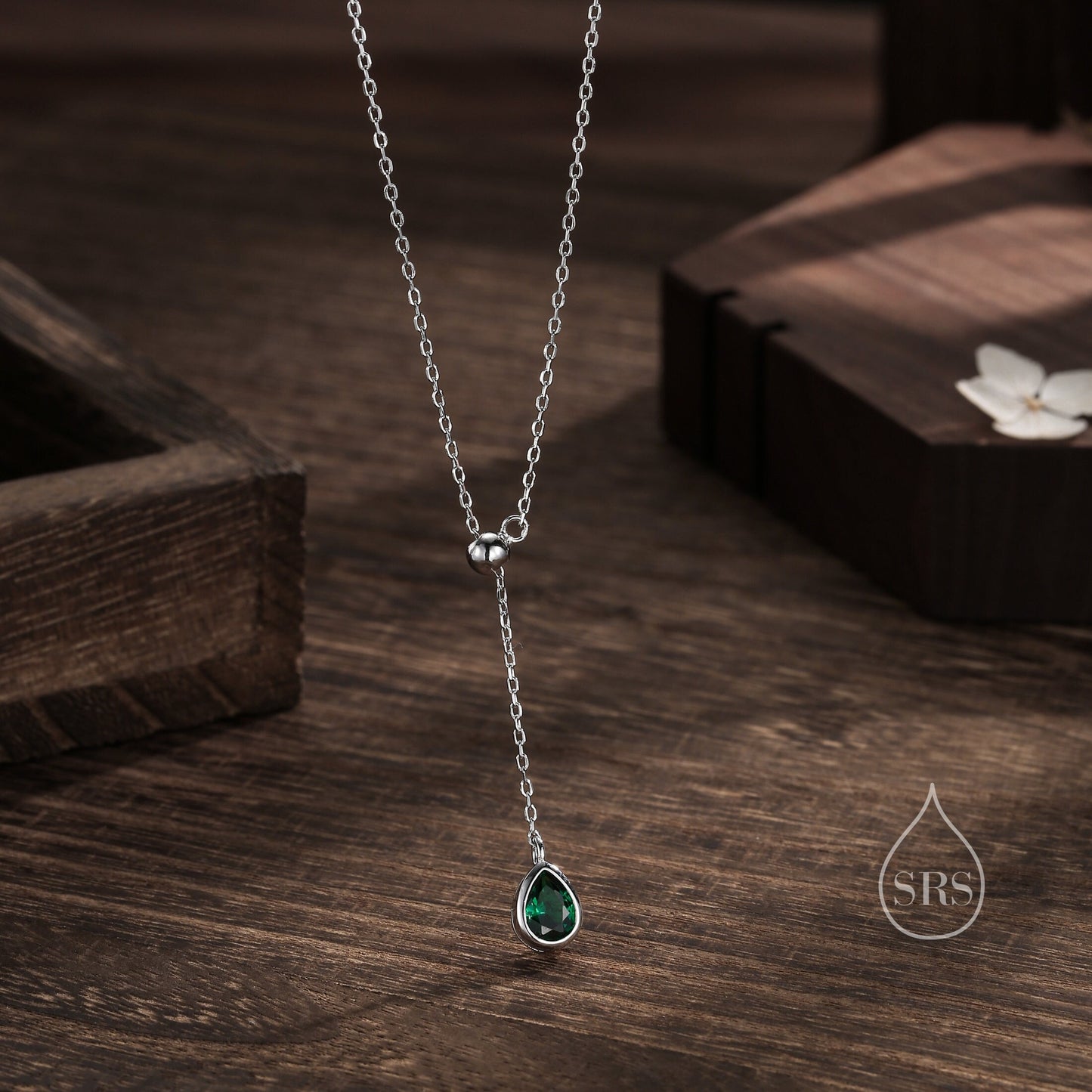Delicate Droplet Emerald Green CZ Lariat Pendant Necklace in