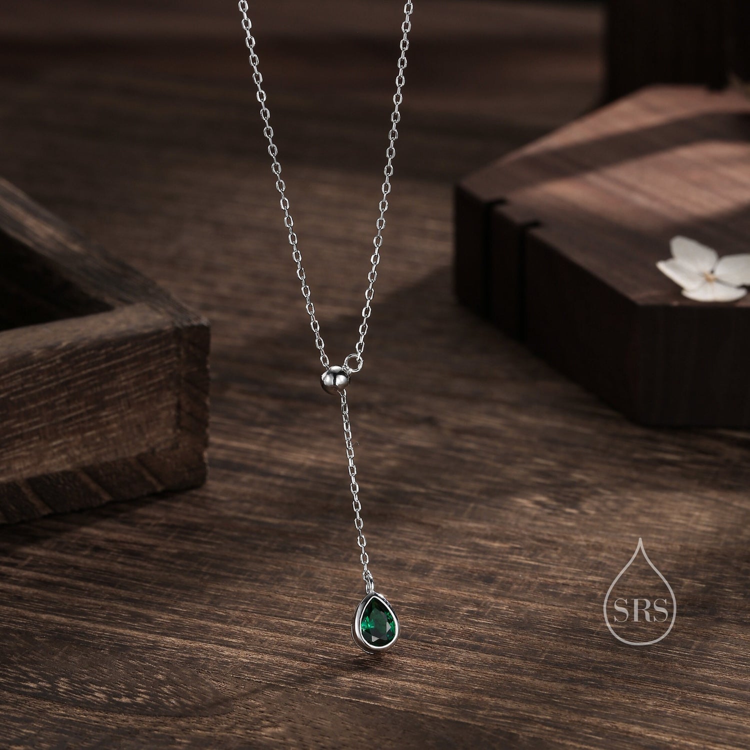 Emerald Green CZ Pear Bezel Lariat Necklace