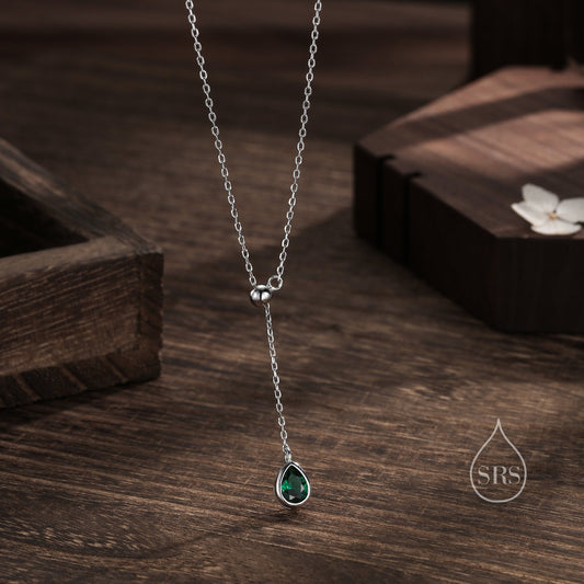 Delicate Droplet Emerald Green CZ Lariat Pendant Necklace in Sterling Silver, Silver or Gold, Minimalist Pear Cut CZ Adjustable Necklace