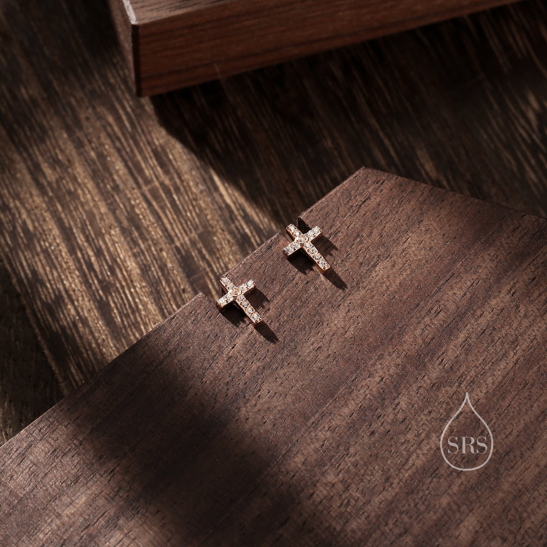 Small Cross Stud Earrings in Sterling Silver with CZ crystals, in Silver or Gold or Rose Gold, Crystal Pave Cross Earrings, Tiny Cross Stud