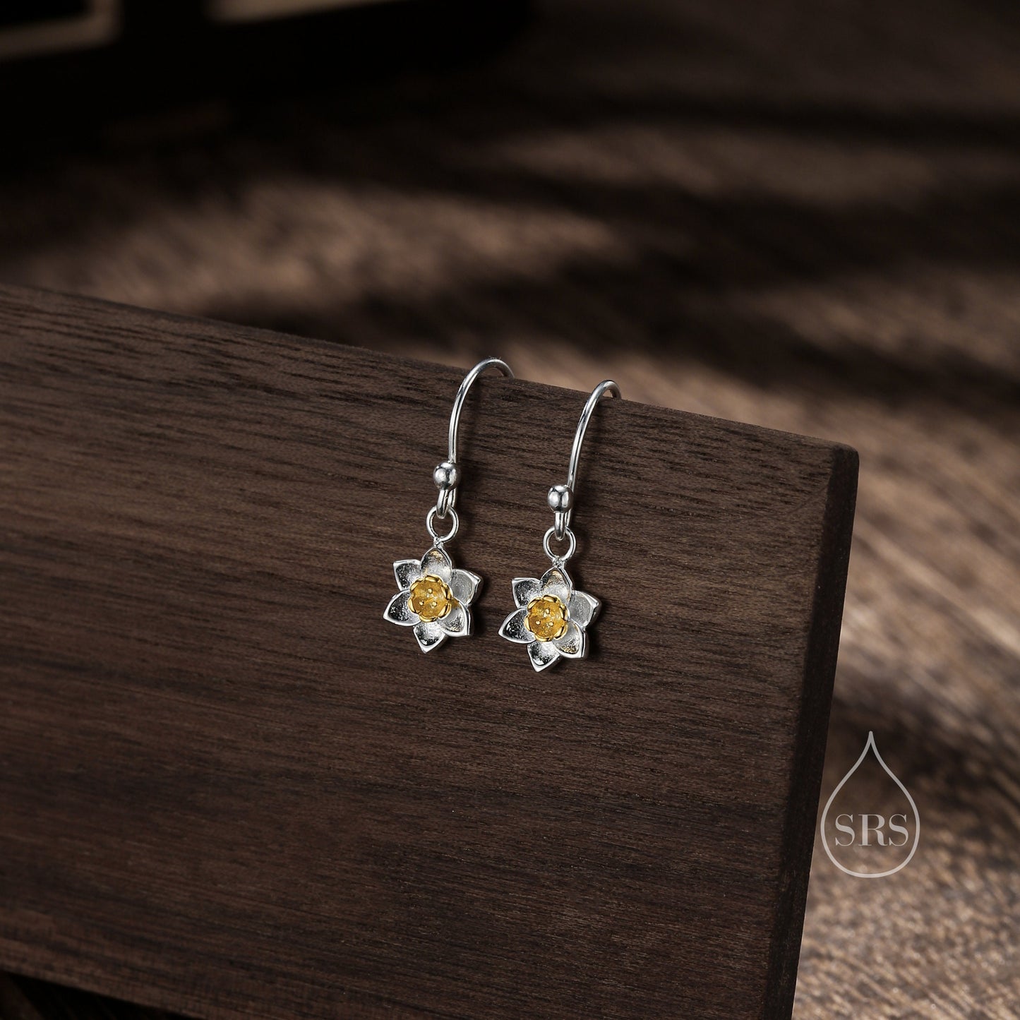 Daffodil Flower Drop Hook Earrings in Sterling Silver, Partial Gold, Flower hoop Earrings, Daffodil Floral Earrings