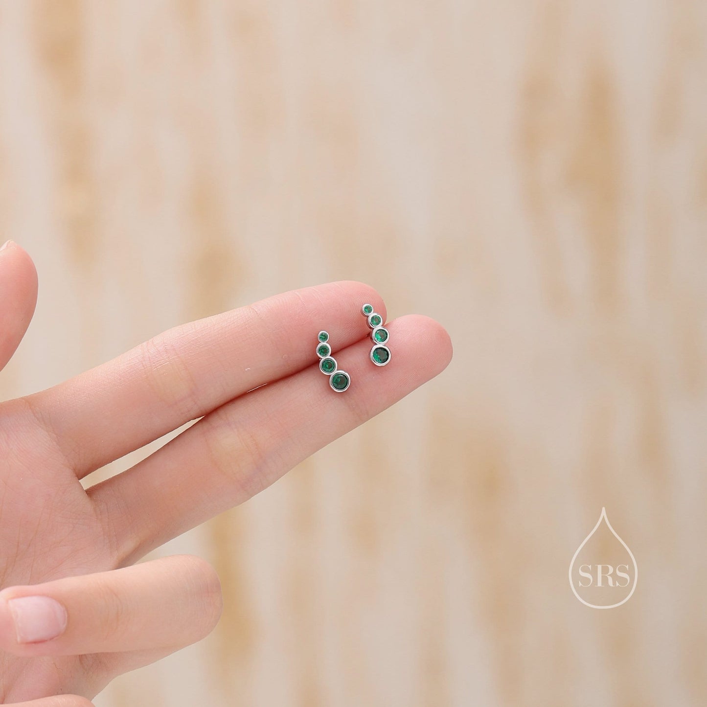 Emerald Green CZ Bubble Stud Earrings in Sterling Silver, Silver or Gold, Bezel CZ Cluster Earrings, CZ Wing Earrings, Mini Crawler