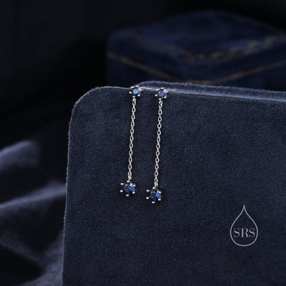 Sapphire Blue CZ Dangle Chain Stud Drop Earrings in Sterling Silver, Silver or Gold, Geometric Double CZ Chain Earrings, CZ Drop Earrings