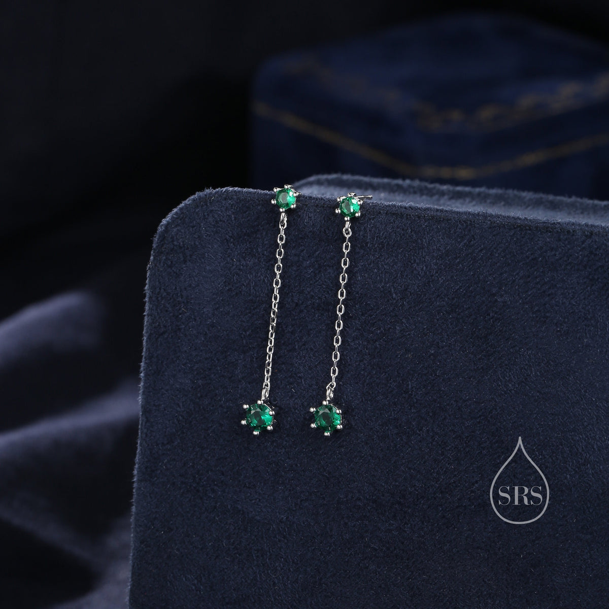 Emerald Green CZ Dangle Chain Stud Drop Earrings in Sterling Silver, Silver or Gold, Geometric Double CZ Chain Earrings, CZ Drop Earrings