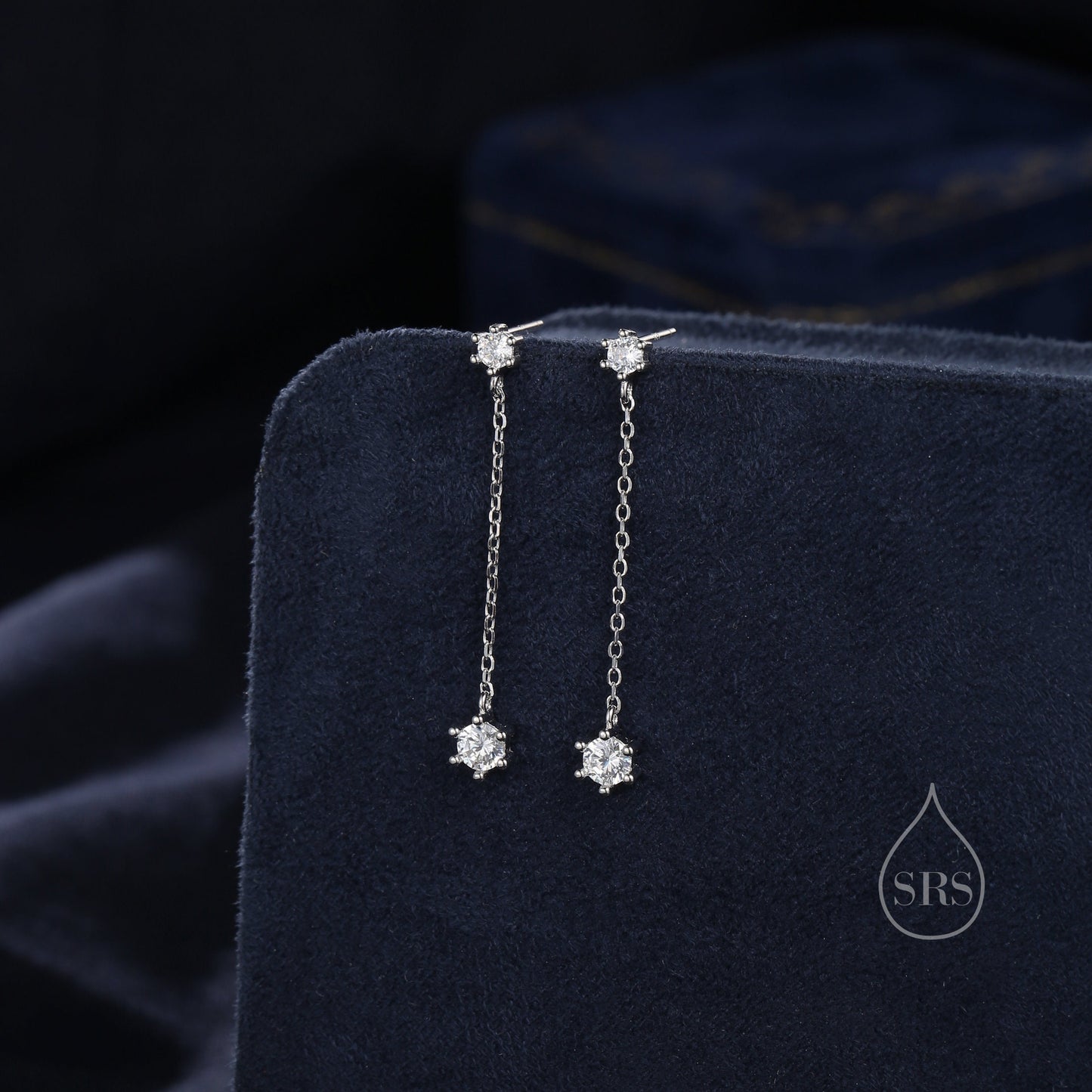 Clear CZ Dangle Chain Stud Drop Earrings in Sterling Silver, Silver or Gold, Geometric Double CZ Chain Earrings, CZ Drop Earrings