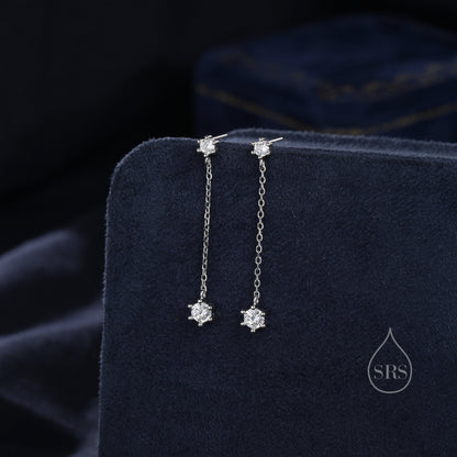 Clear CZ Dangle Chain Stud Drop Earrings in Sterling Silver, Silver or Gold, Geometric Double CZ Chain Earrings, CZ Drop Earrings