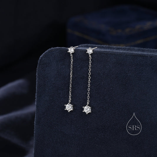 Clear CZ Dangle Chain Stud Drop Earrings in Sterling Silver, Silver or Gold, Geometric Double CZ Chain Earrings, CZ Drop Earrings