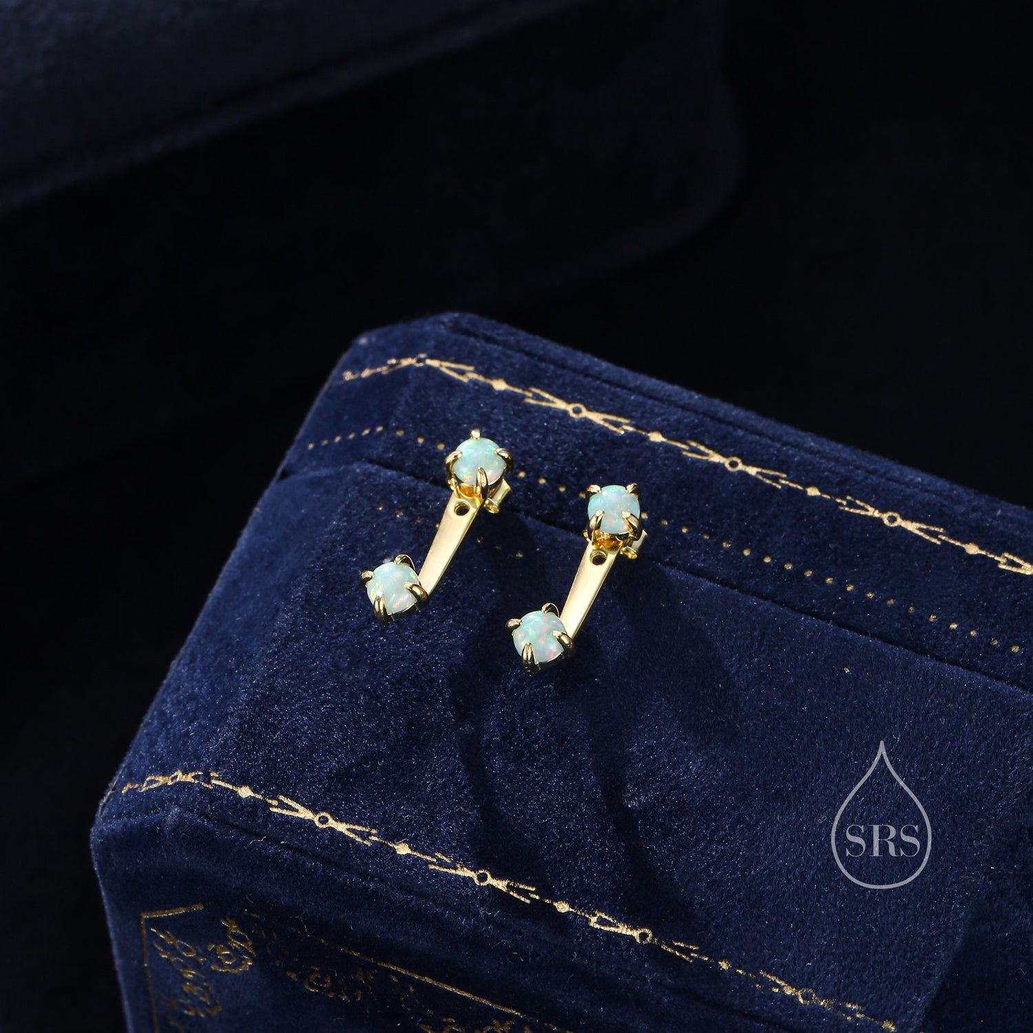 Aqua Green Opal Ear Jacket in Sterling Silver, Silver or Gold, Front and Back Earrings