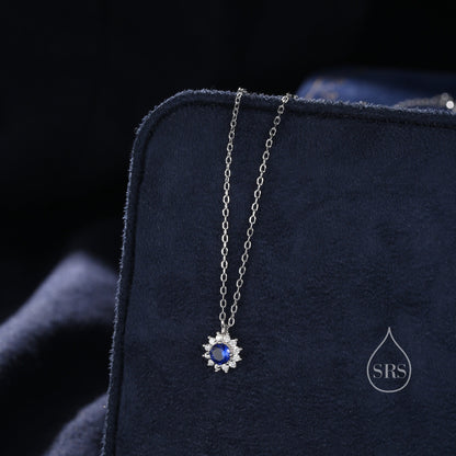 Sapphire Blue CZ Halo Flower Pendant Necklace in Sterling Silver, Silver or Gold, Sterling Silver CZ Halo Flower Necklace