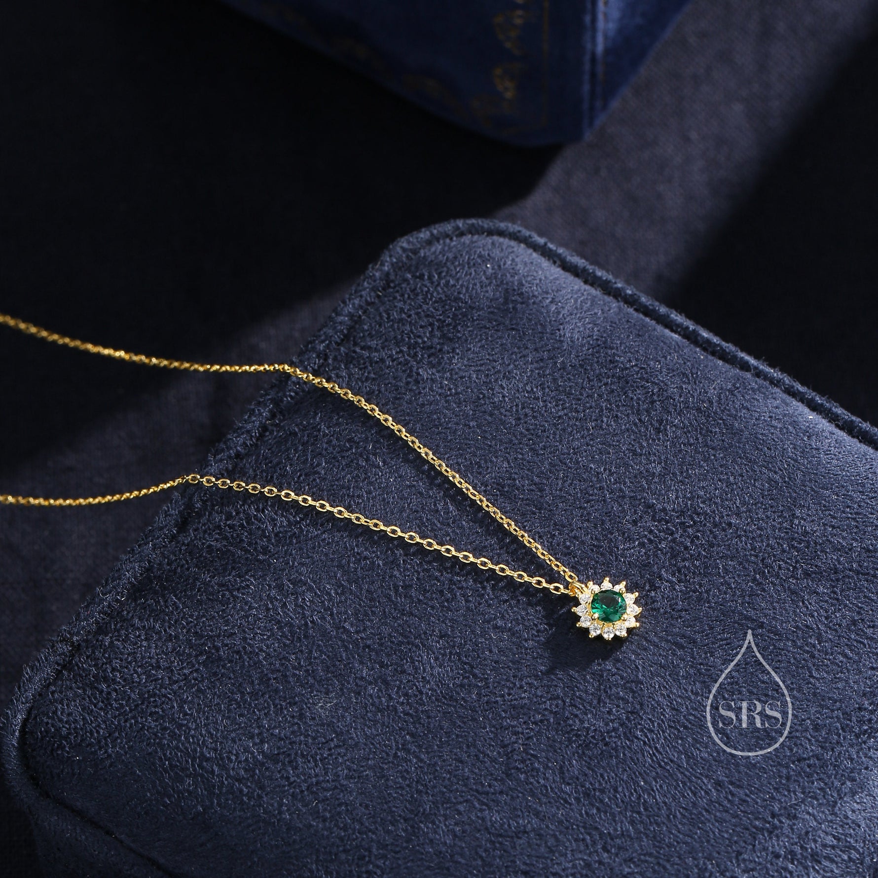 Emerald Green CZ Halo Flower Pendant Necklace in Sterling Silver, Silver or Gold, Sterling Silver CZ Halo Flower Necklace