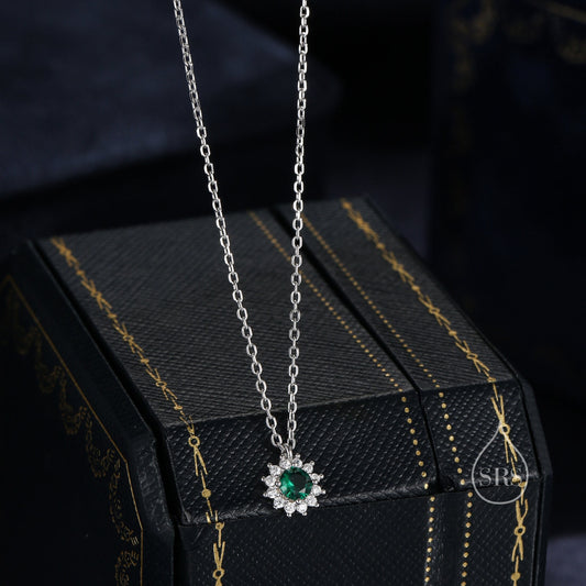 Emerald Green CZ Halo Flower Pendant Necklace in Sterling Silver, Silver or Gold, Sterling Silver CZ Halo Flower Necklace