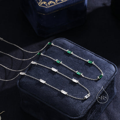 Emerald Green Baguette CZ Satellite Necklace in Sterling Silver, Silver or Gold, Sterling Silver Green CZ Baguette Chain Necklace