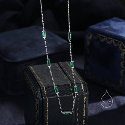 Emerald Green Baguette CZ Satellite Necklace in Sterling Silver, Silver or Gold, Sterling Silver Green CZ Baguette Chain Necklace