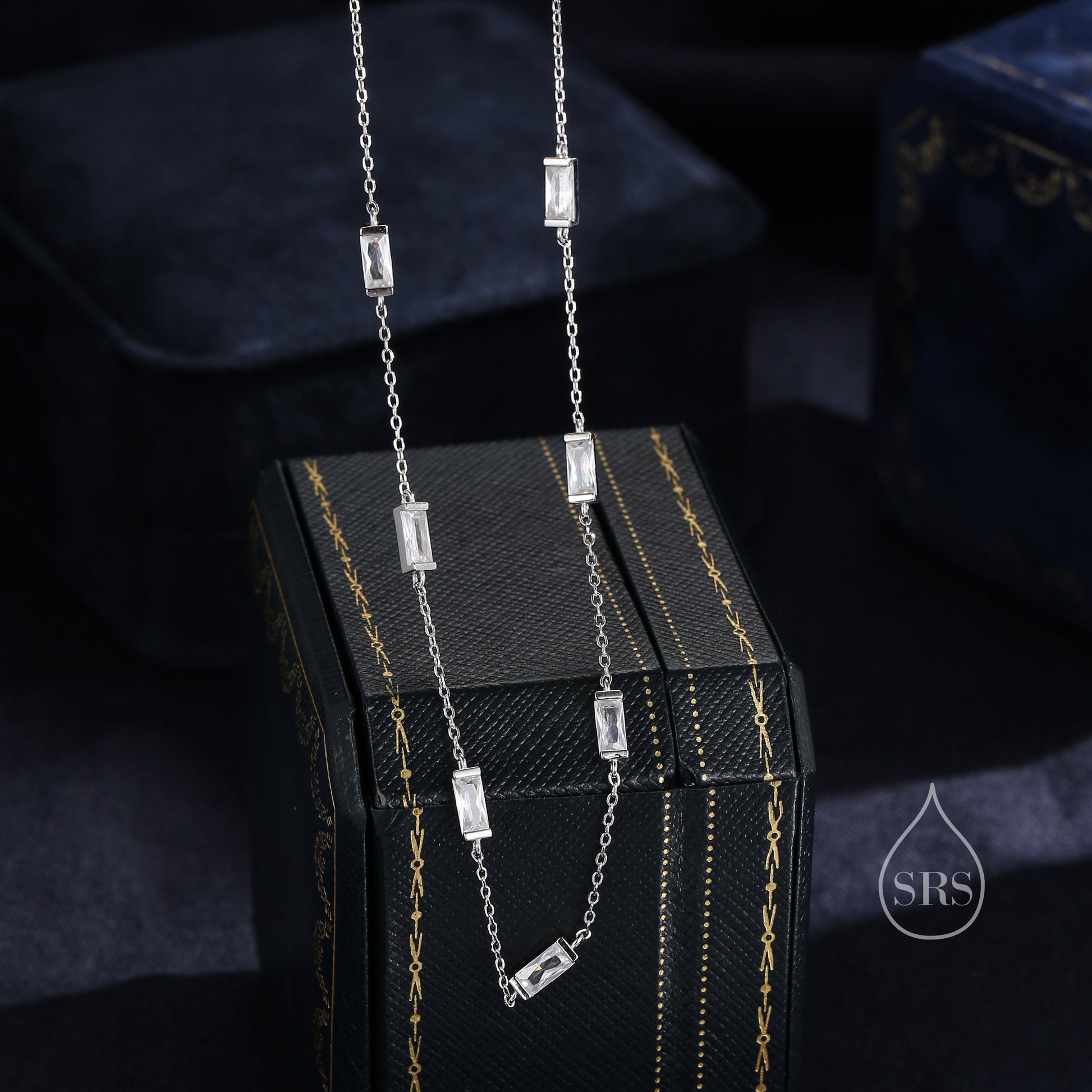 Baguette CZ Satellite Necklace in Sterling Silver, Silver or Gold, Sterling Silver Clear CZ Baguette Chain Necklace