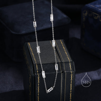 Baguette CZ Satellite Necklace in Sterling Silver, Silver or Gold, Sterling Silver Clear CZ Baguette Chain Necklace
