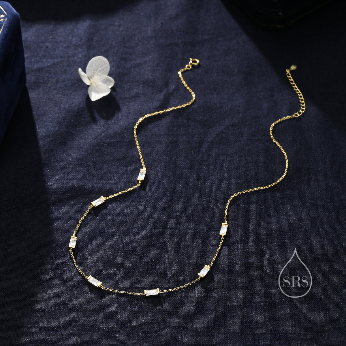 Baguette CZ Satellite Necklace in Sterling Silver, Silver or Gold, Sterling Silver Clear CZ Baguette Chain Necklace
