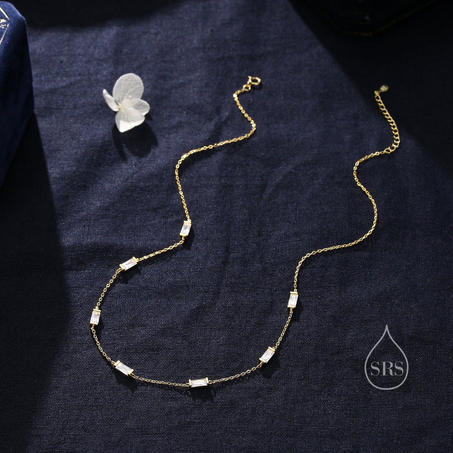 Baguette CZ Satellite Necklace in Sterling Silver, Silver or Gold, Sterling Silver Clear CZ Baguette Chain Necklace