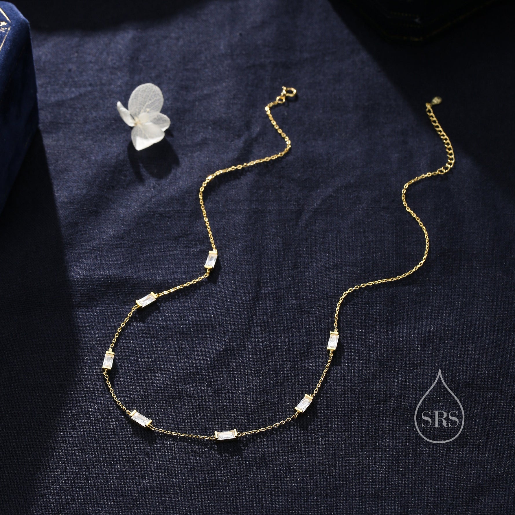 Baguette CZ Satellite Necklace in Sterling Silver, Silver or Gold, Sterling Silver Clear CZ Baguette Chain Necklace