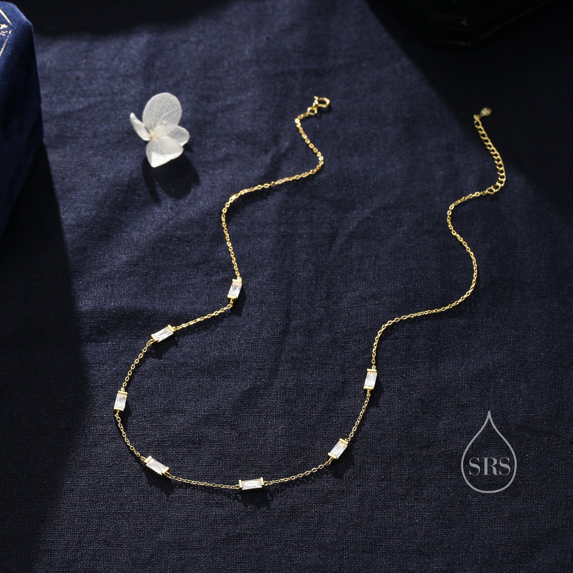 Baguette CZ Satellite Necklace in Sterling Silver, Silver or Gold, Sterling Silver Clear CZ Baguette Chain Necklace