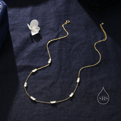 Baguette CZ Satellite Necklace in Sterling Silver, Silver or Gold, Sterling Silver Clear CZ Baguette Chain Necklace