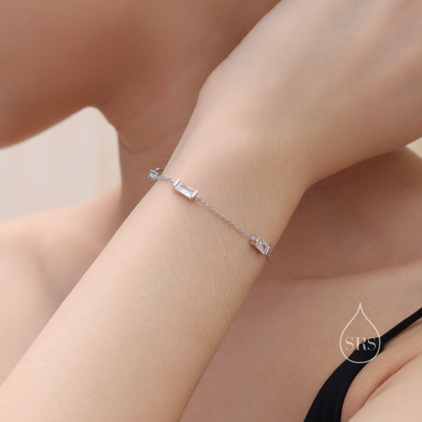 Baguette CZ Satellite Bracelet in Sterling Silver, Silver or Gold, Baguette CZ Bracelet, Chain Bracelet, Delicate CZ Bracelet