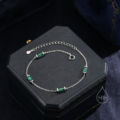 Emerald Green Baguette CZ Satellite Bracelet in Sterling Silver, Silver or Gold, Baguette CZ Bracelet, Chain Bracelet, Delicate CZ Bracelet