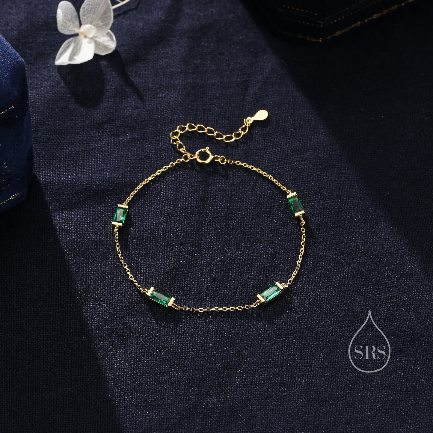 Emerald Green Baguette CZ Satellite Bracelet in Sterling Silver, Silver or Gold, Baguette CZ Bracelet, Chain Bracelet, Delicate CZ Bracelet