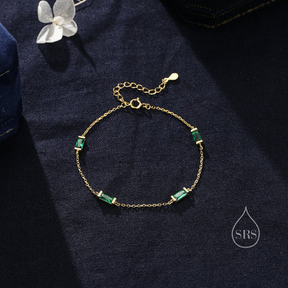 Emerald Green Baguette CZ Satellite Bracelet in Sterling Silver, Silver or Gold, Baguette CZ Bracelet, Chain Bracelet, Delicate CZ Bracelet