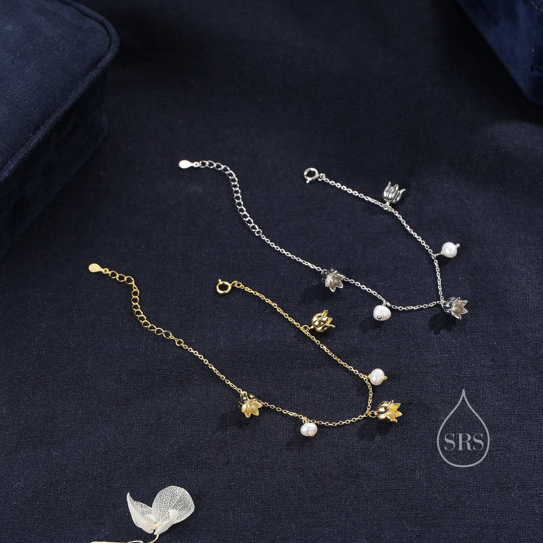Lily of the Valley Flower and Freshwater Pearl Charm Bracelet in Sterling Silver, Flower Bracelet with Natural Pearls, Genuine Pearls