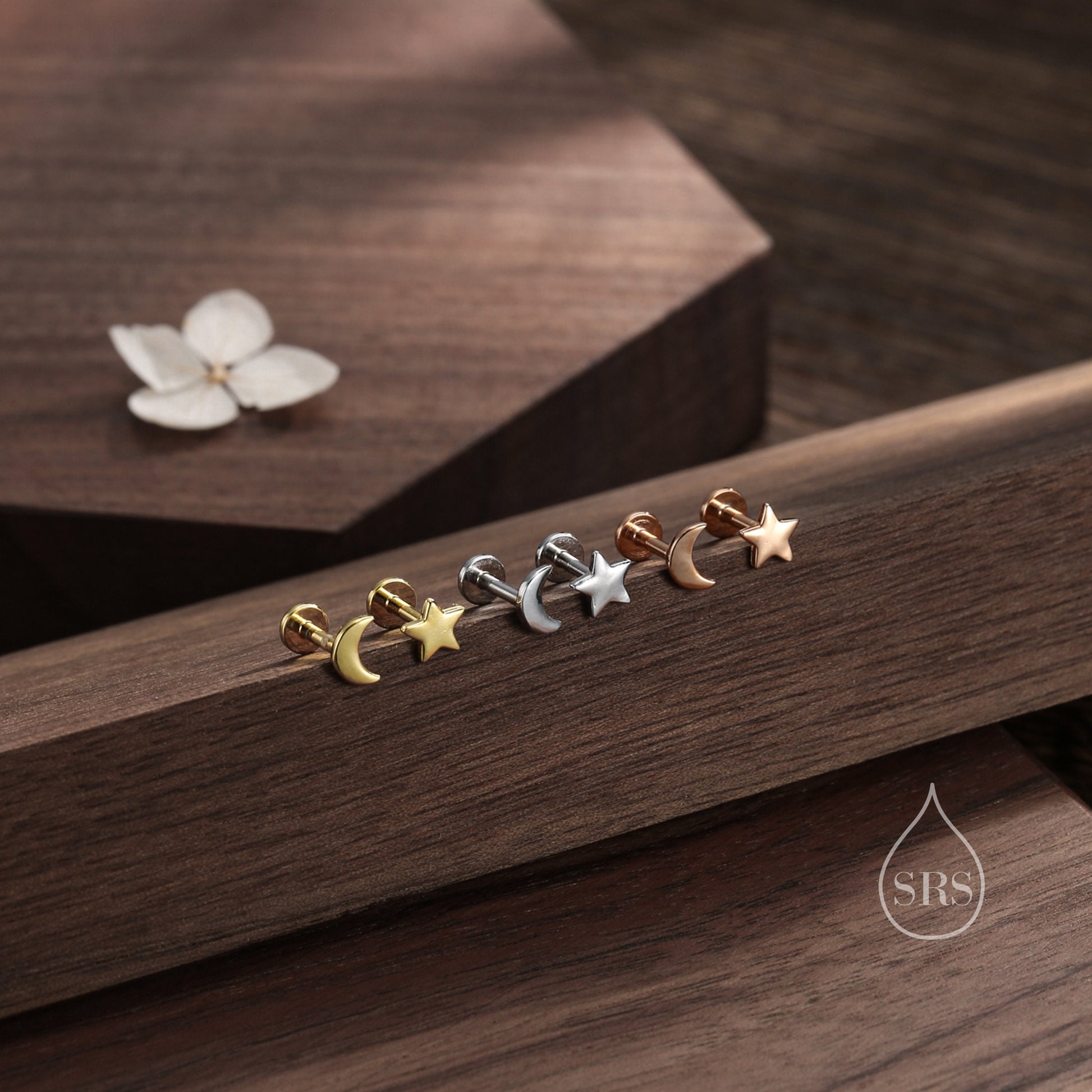 Mismatched Moon and Star Flat Back Earrings in Sterling Silver, Asymmetric Star and Moon Earrings, Piercing Jewellery