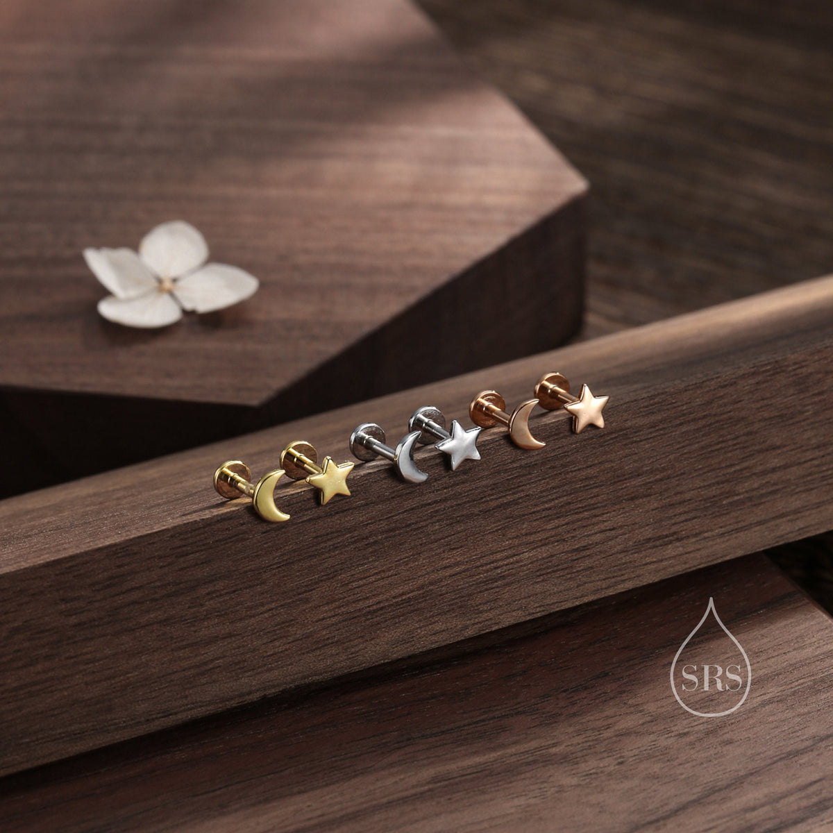 Mismatched Moon and Star Internally Threaded Flat Back/Screw back/Stud Earrings in Sterling Silver, Asymmetric Star and Moon, Piercing
