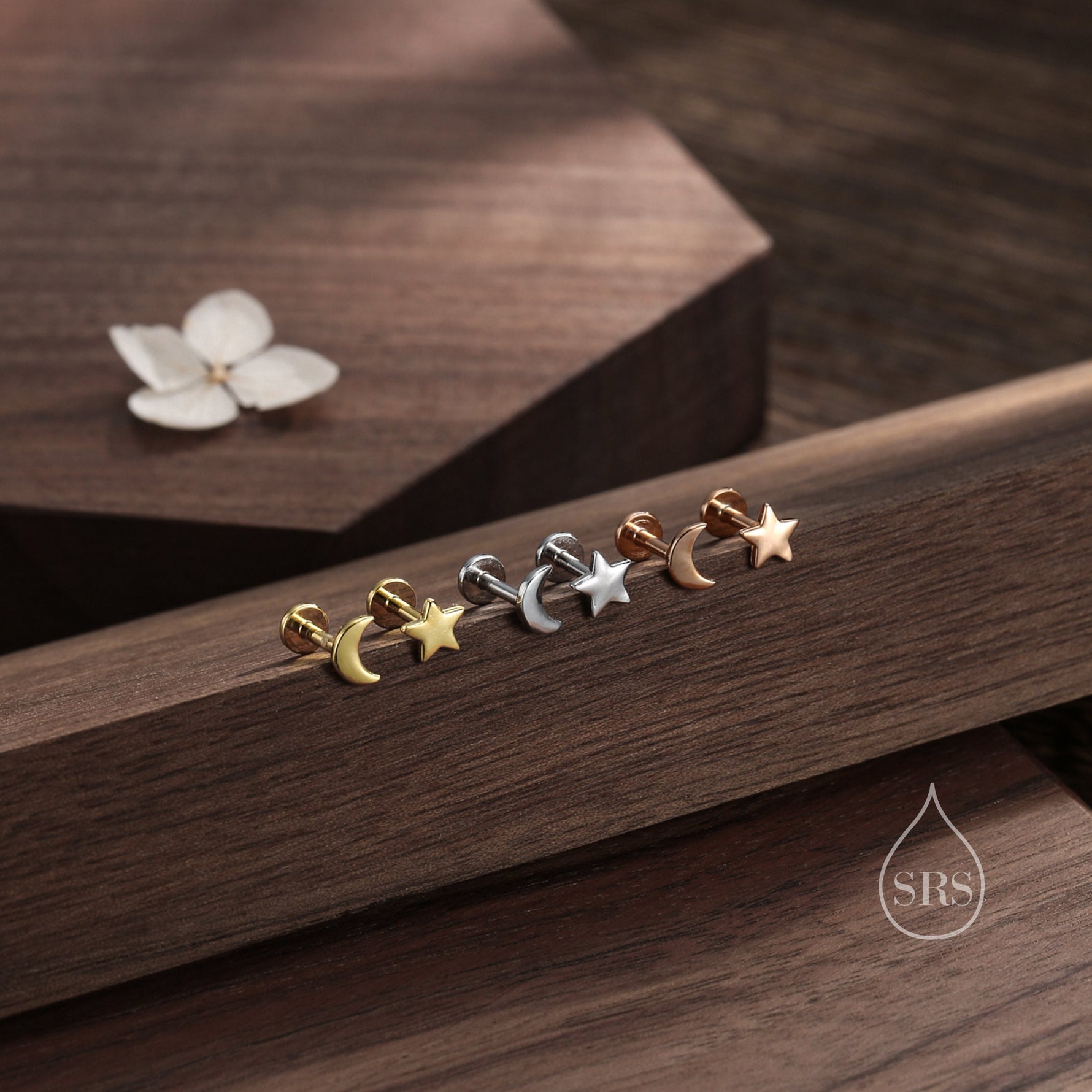 Mismatched Moon and Star Internally Threaded Flat Back/Screw back/Stud Earrings in Sterling Silver, Asymmetric Star and Moon, Piercing