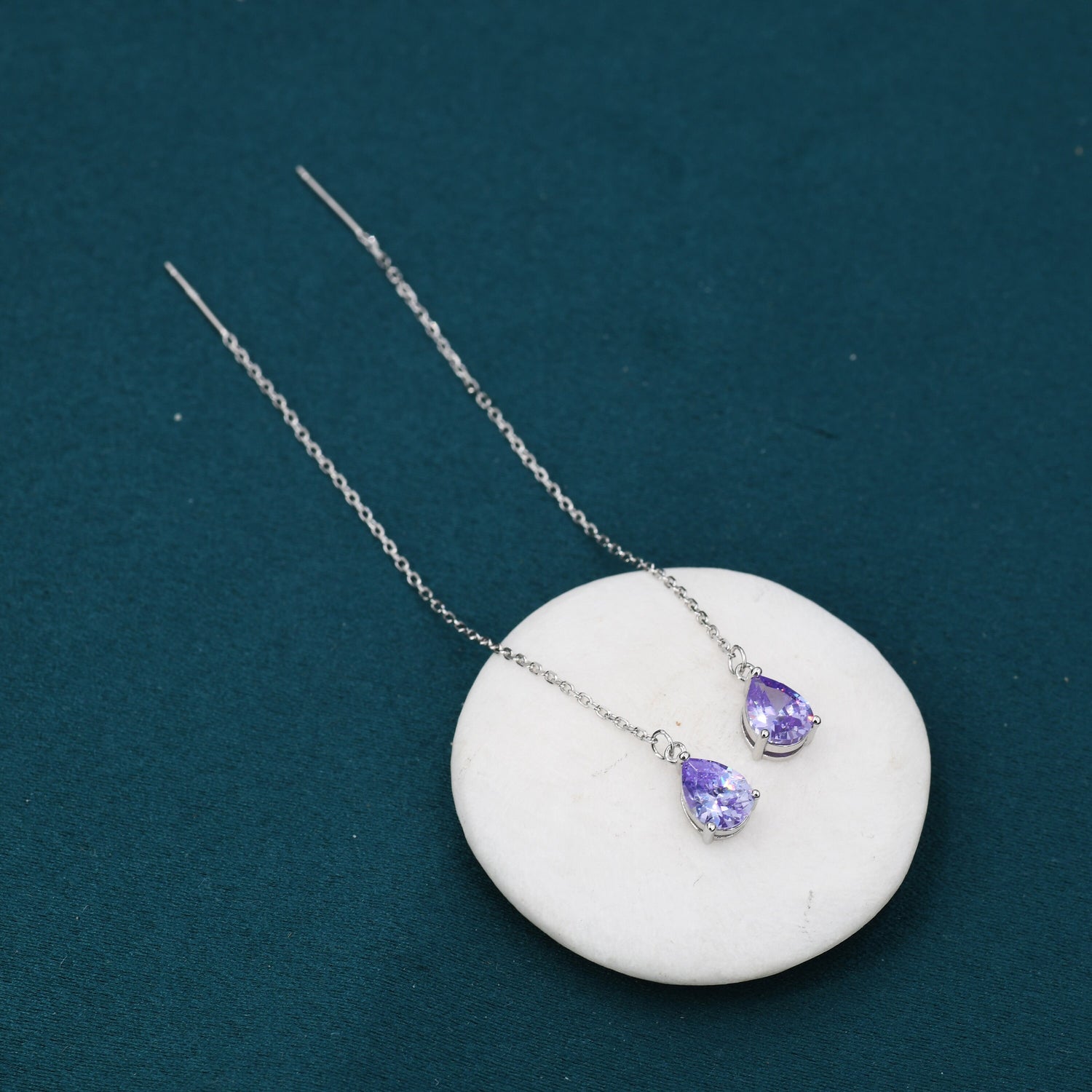 Alexandrite Purple Blue Droplet CZ Threader Earrings in Sterling Silver, Silver or Gold, Pear Cut CZ Long Ear Threaders, Sparkly Threaders