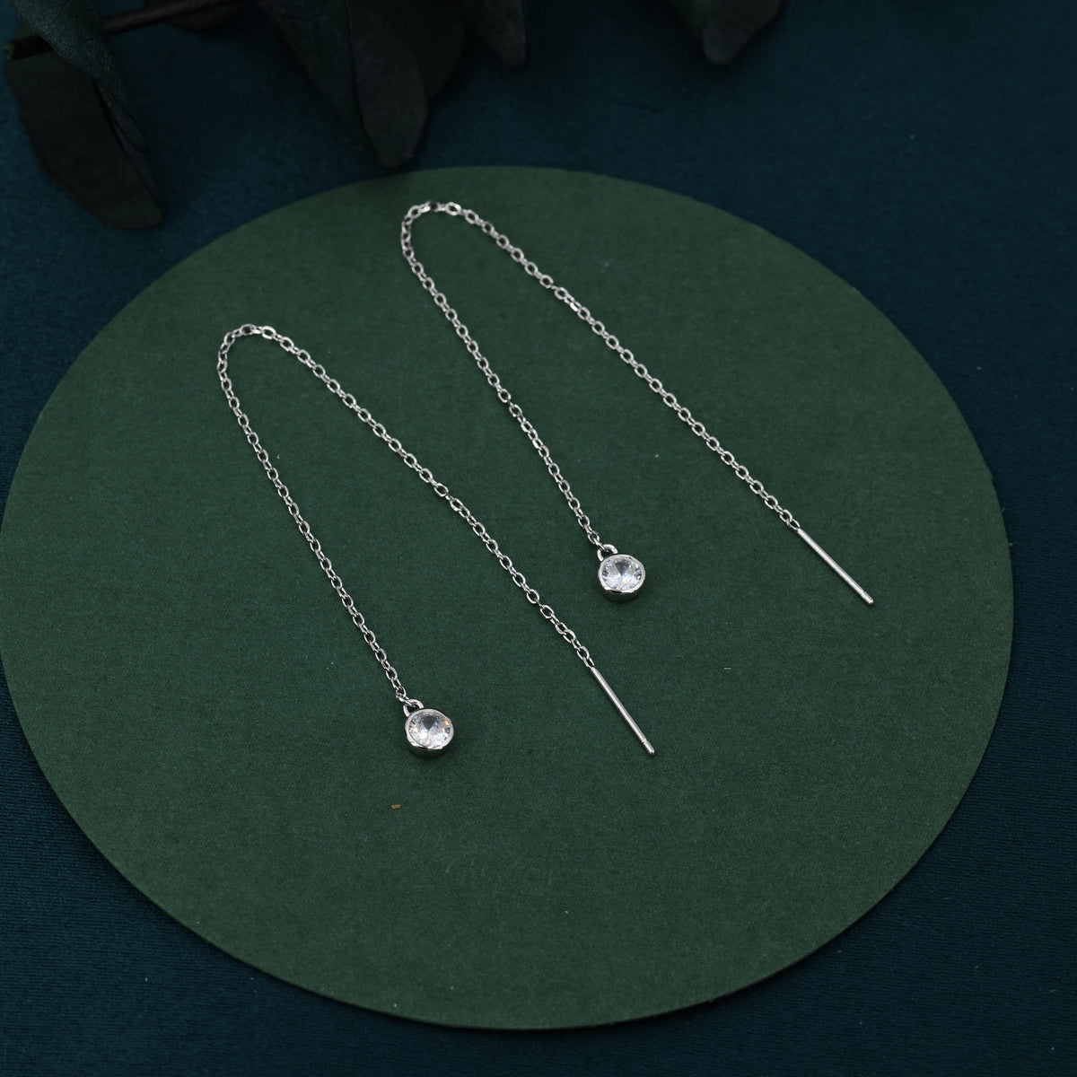 CZ Dot Threader Earrings in Sterling Silver, Silver or Gold, Minimalist Double Piercing Ear Threaders, April Birthstone, Very Long Threaders