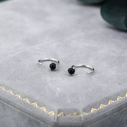 Genuine Black Onyx Huggie Hoop Earrings in Sterling Silver, 3mm Natural Black Onyx Open Hoops, Pull Through Threaders, Half Hoops, C Shape