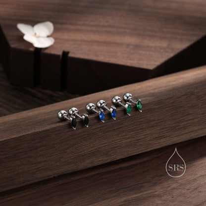 Tiny Emerald Green CZ Marquise Screw Back / Stud Earrings in Sterling Silver, Silver or Gold, Stacking Earrings, CZ Barbell Earrings, Helix