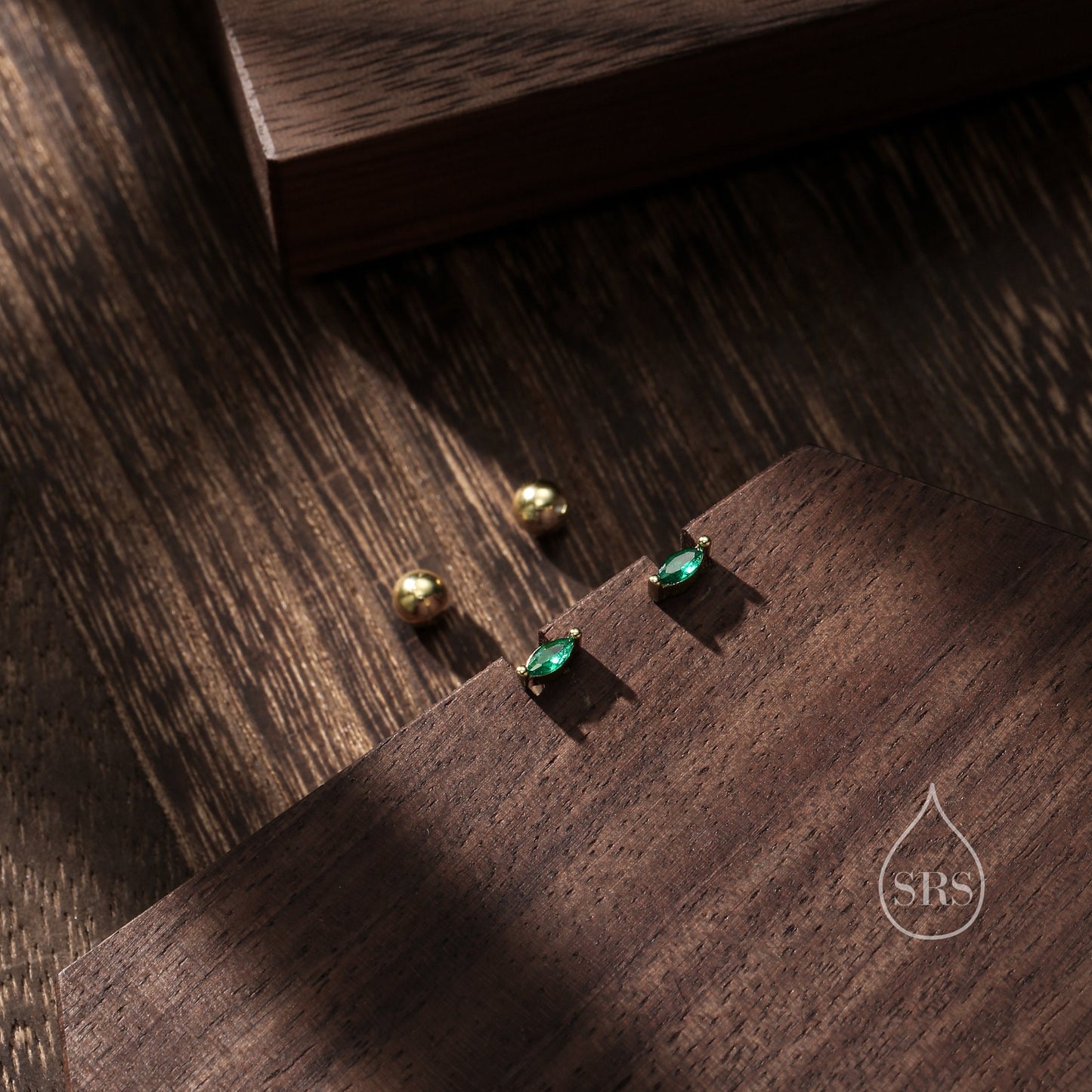 Tiny Emerald Green CZ Marquise Screw Back / Stud Earrings in Sterling Silver, Silver or Gold, Stacking Earrings, CZ Barbell Earrings, Helix