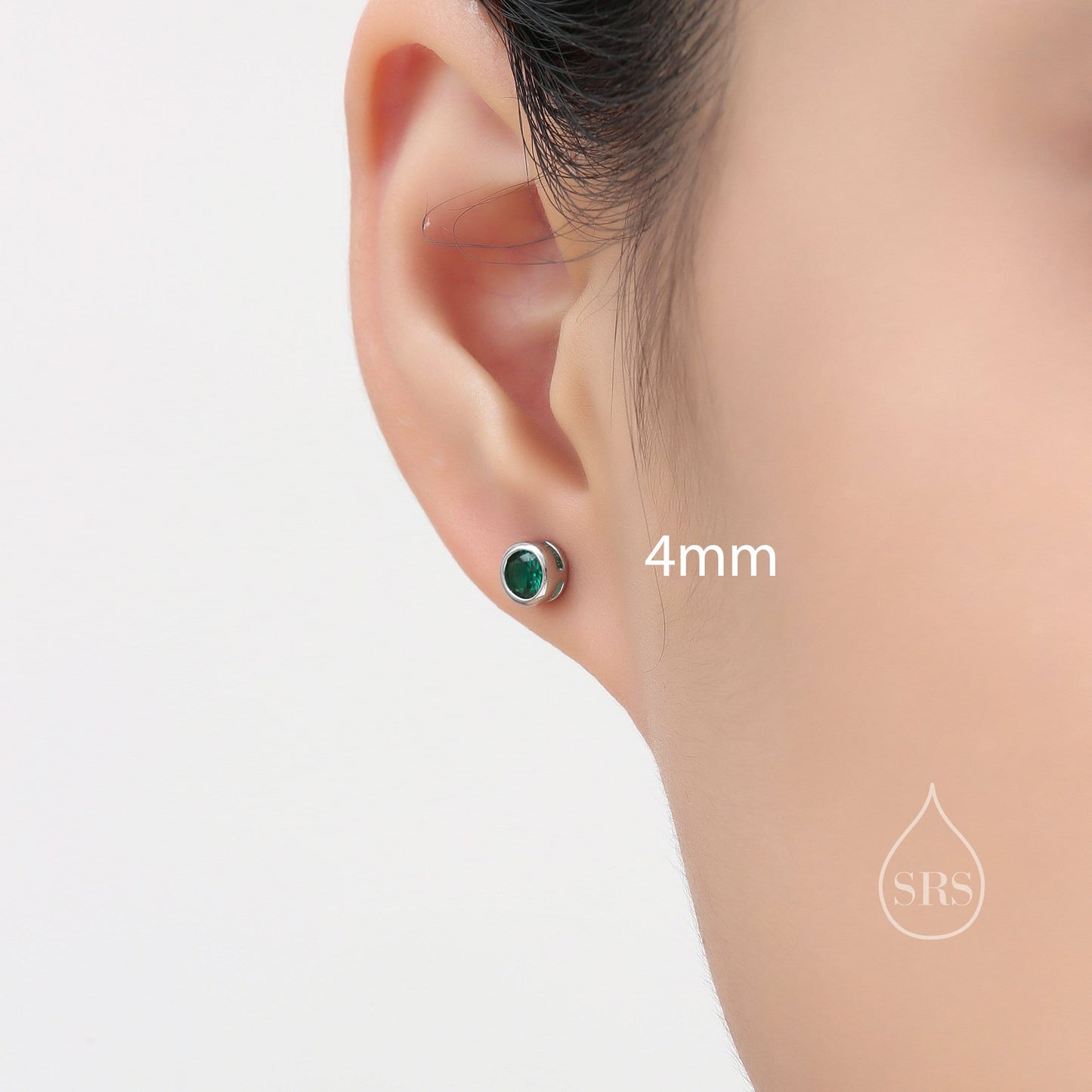 Emerald Green Bezel CZ Crystal Stud Earrings in Sterling Silver, Available in 2mm 3mm 4mm, Silver or Gold, Brilliant Cut CZ Earrings