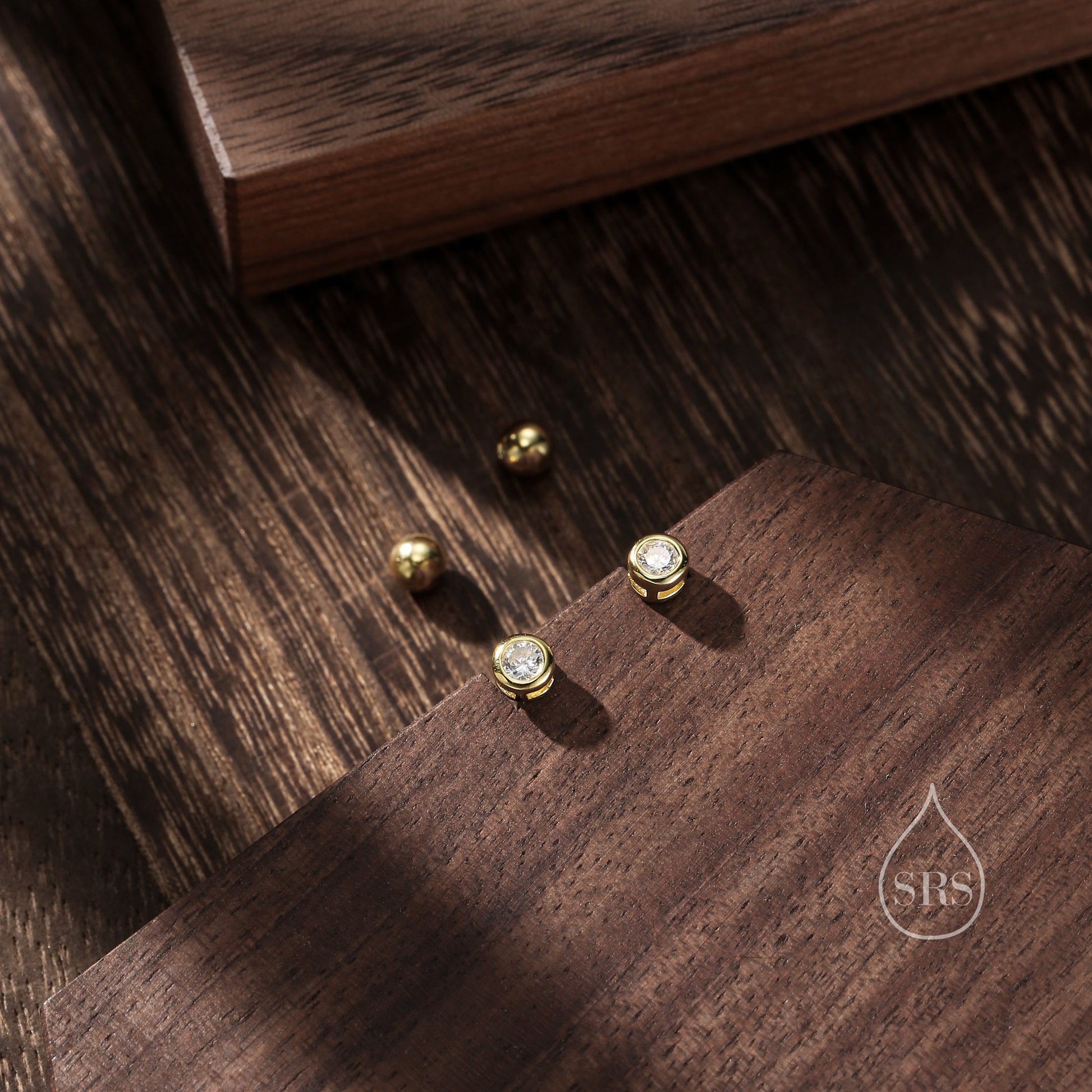 Bezel CZ Crystal Screw Back Earrings in Sterling Silver, Available in 2mm 3mm 4mm, Silver or Gold, Brilliant Cut CZ Earrings