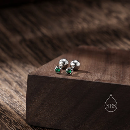 Emerald Green Bezel CZ Crystal Screw Back Earrings in Sterling Silver, Available in 2mm 3mm 4mm, Silver or Gold,  Brilliant Cut CZ Earrings