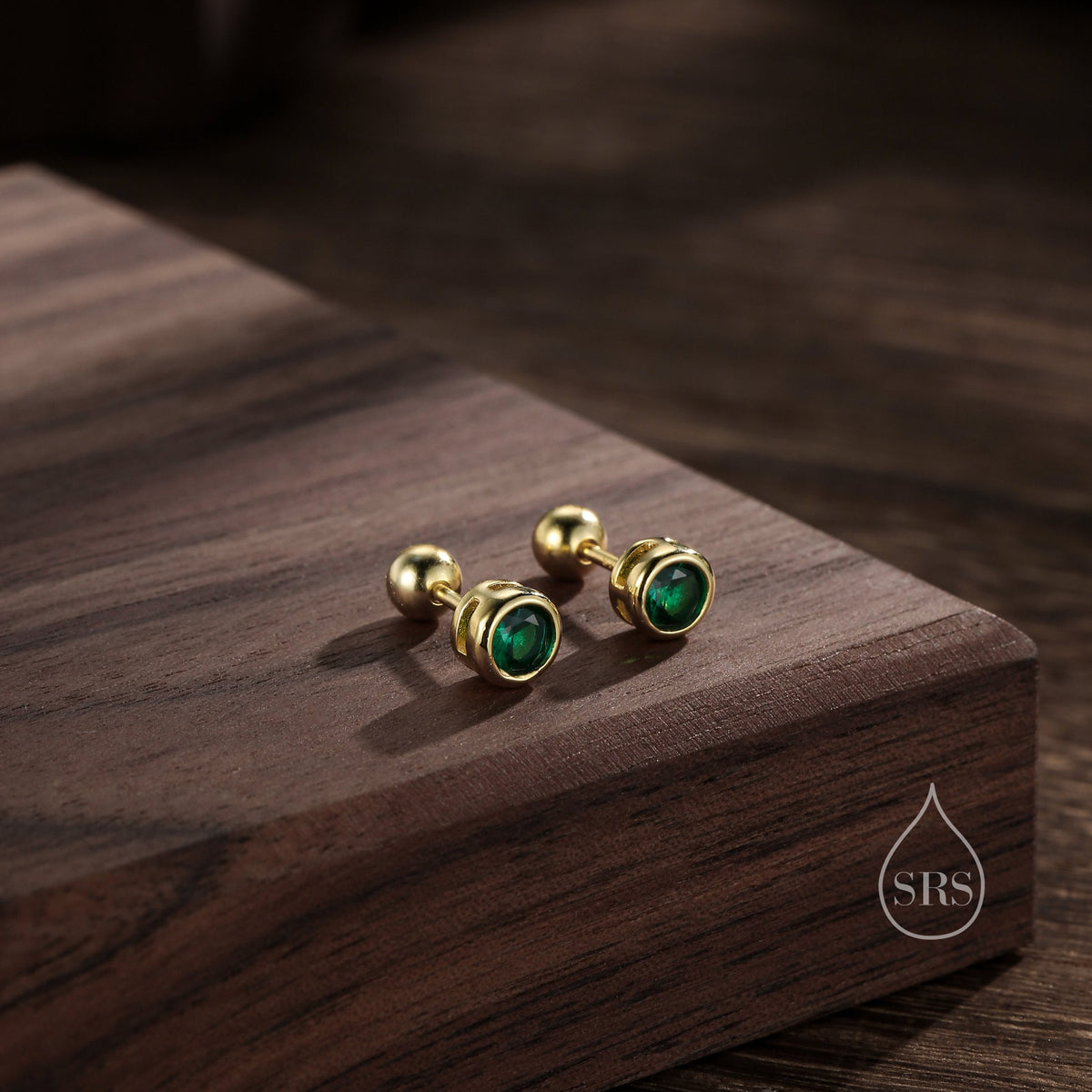 Emerald Green Bezel CZ Crystal Screw Back Earrings in Sterling Silver, Available in 2mm 3mm 4mm, Silver or Gold, Brilliant Cut CZ Earrings