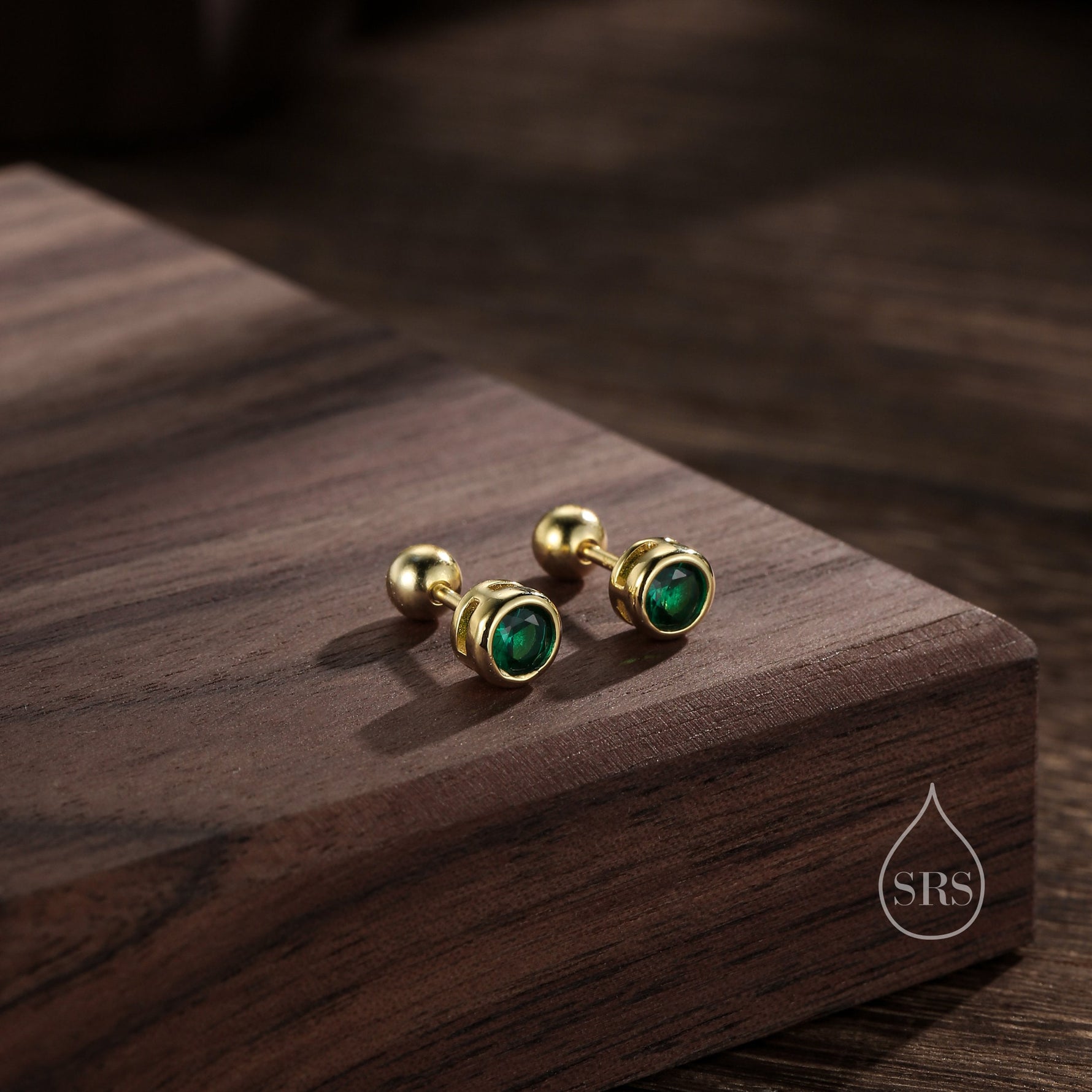 Emerald Green Bezel CZ Crystal Screw Back Earrings in Sterling Silver, Available in 2mm 3mm 4mm, Silver or Gold, Brilliant Cut CZ Earrings