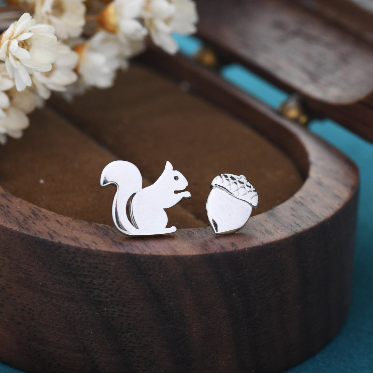 Mismatched Squirrel and Acorn Stud Earrings in Sterling Silver, Silver or Gold, Squirrel Earrings, Asymmetric Squirrel and Nut Earrings