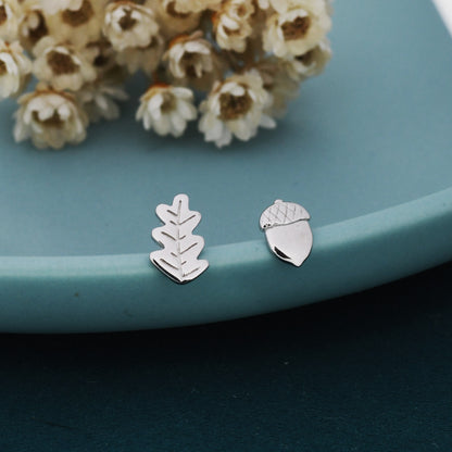 Mismatched Oak Leaf and Acorn Stud Earrings in Sterling Silver, in Silver or Gold, Nature Inspired Earrings, Asymmetric Leaf Earrings