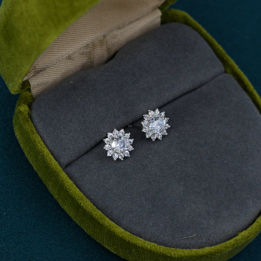 CZ Flower Stud Earrings in Sterling Silver, Gold or Silver, Simulated Diamond Snowflake Earrings